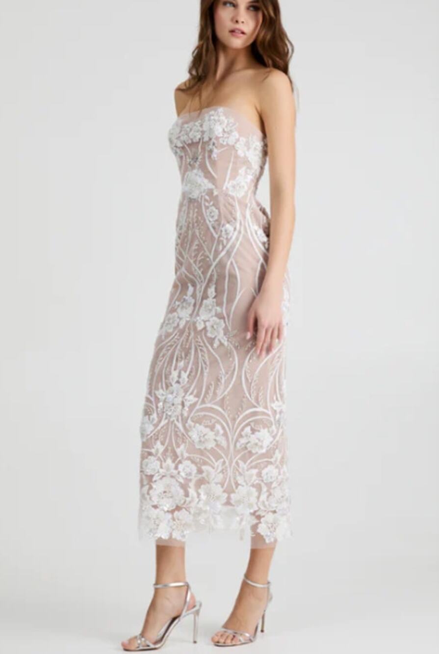 Helsi White & Cream Beige  Strapless Sequin Embroidered Bodycon Midi Dress XS
